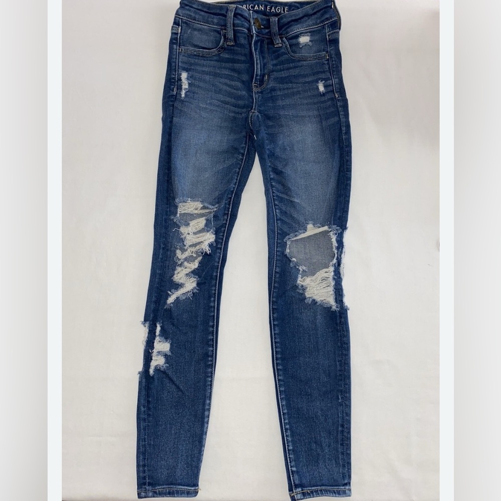 American Eagle Outfitters Blue Skinny Jeans Distressed Design